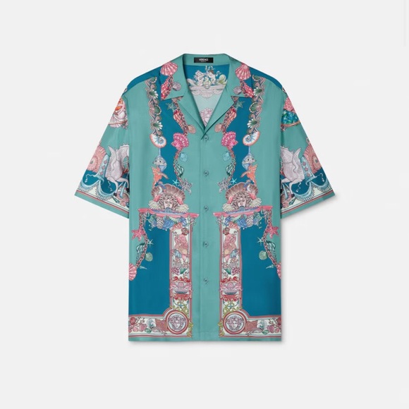 Versace Men's Teal and Pink Baroque Print Shirt - Picture 10 of 11